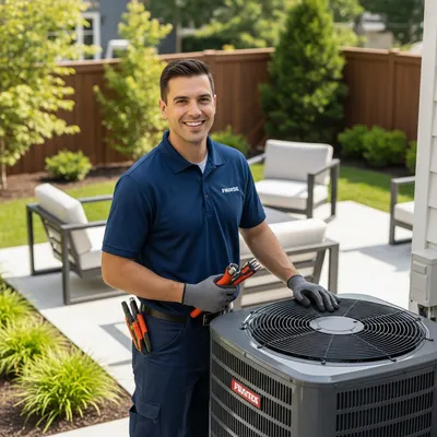 a hvac technician in a blue shirt standing next to a HVAC unit in a backyard for a hvac service in Chino Hills California