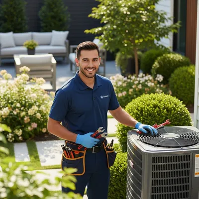 a hvac technician in a blue shirt standing next to a HVAC unit in a backyard for a HVAC repair in Rancho Cucamonga California