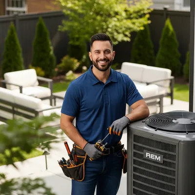 a hvac technician in a blue shirt standing next to a HVAC unit in a backyard for a HVAC repair in Upland California