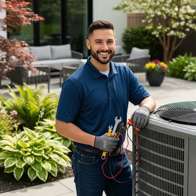 a hvac technician in a blue shirt standing next to a HVAC unit in a backyard for a HVAC repair in Riverside California