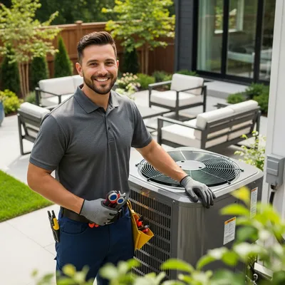 a hvac technician in a grey shirt standing next to a HVAC unit in a backyard for an ac service in Fontana California