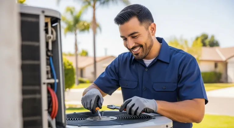 a hvac technician in a blue shirt standing next to a HVAC unit in a backyard for a hvac repair in Apple Valley California