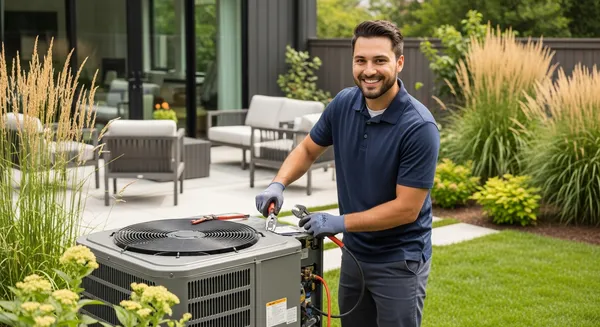 a hvac technician in a blue shirt standing next to a HVAC unit in a backyard for a hvac service in Chino Hills California
