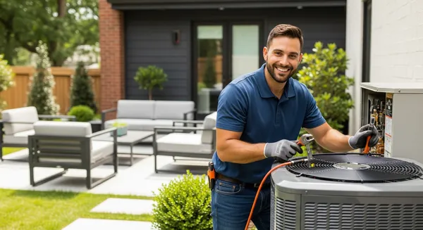 a hvac technician in a blue shirt standing next to a HVAC unit in a backyard for a hvac service in Fontana California