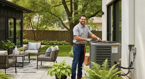 a hvac technician in a grey shirt standing next to a HVAC unit in a backyard for a hvac service in Ontario California