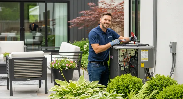 a hvac technician in a blue shirt standing next to a HVAC unit in a backyard for a hvac service in Rancho Cucamonga California