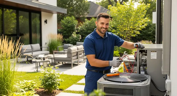 a hvac technician in a blue shirt standing next to a HVAC unit in a backyard for a hvac service in Riverside California