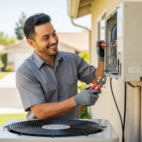 a hvac technician in a grey shirt standing next to a HVAC unit in a backyard for an hvac service in San Bernardino California