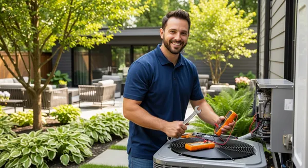 a hvac technician in a blue shirt standing next to a HVAC unit in a backyard for a hvac service in Upland California
