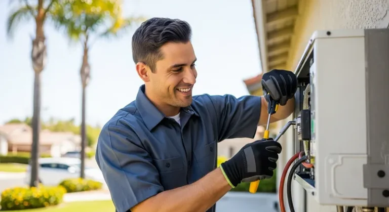 a hvac technician in a grey shirt standing next to a HVAC unit in a backyard for a San Bernardino HVAC repair service